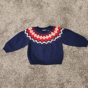 Petit Bateau Kids Navy Blue Fair Isle Wool Blend Sweater 12m  Shoulder Button